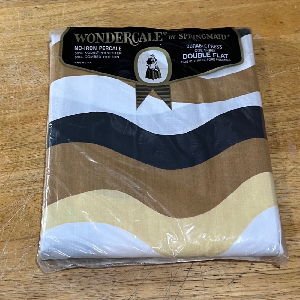 Vtg 70s Springmaid Wondercale Double Flat Sheet Wavy Stripe Brown Tan Retro MCM